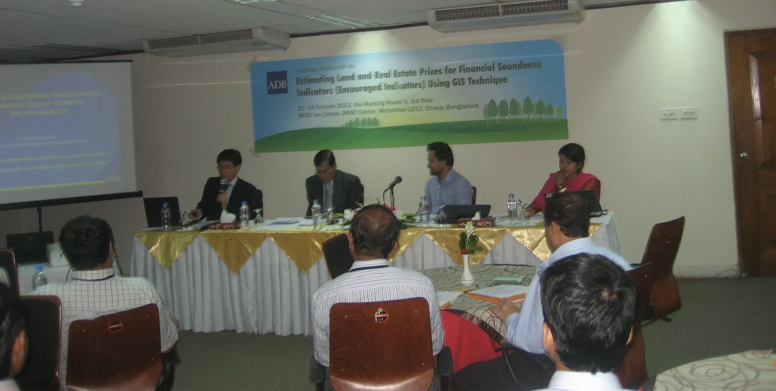 GIS training workshop on financial soundness indicators (ADB banner): head table and participants · BRAC Inn Centre, Dhaka · 2013