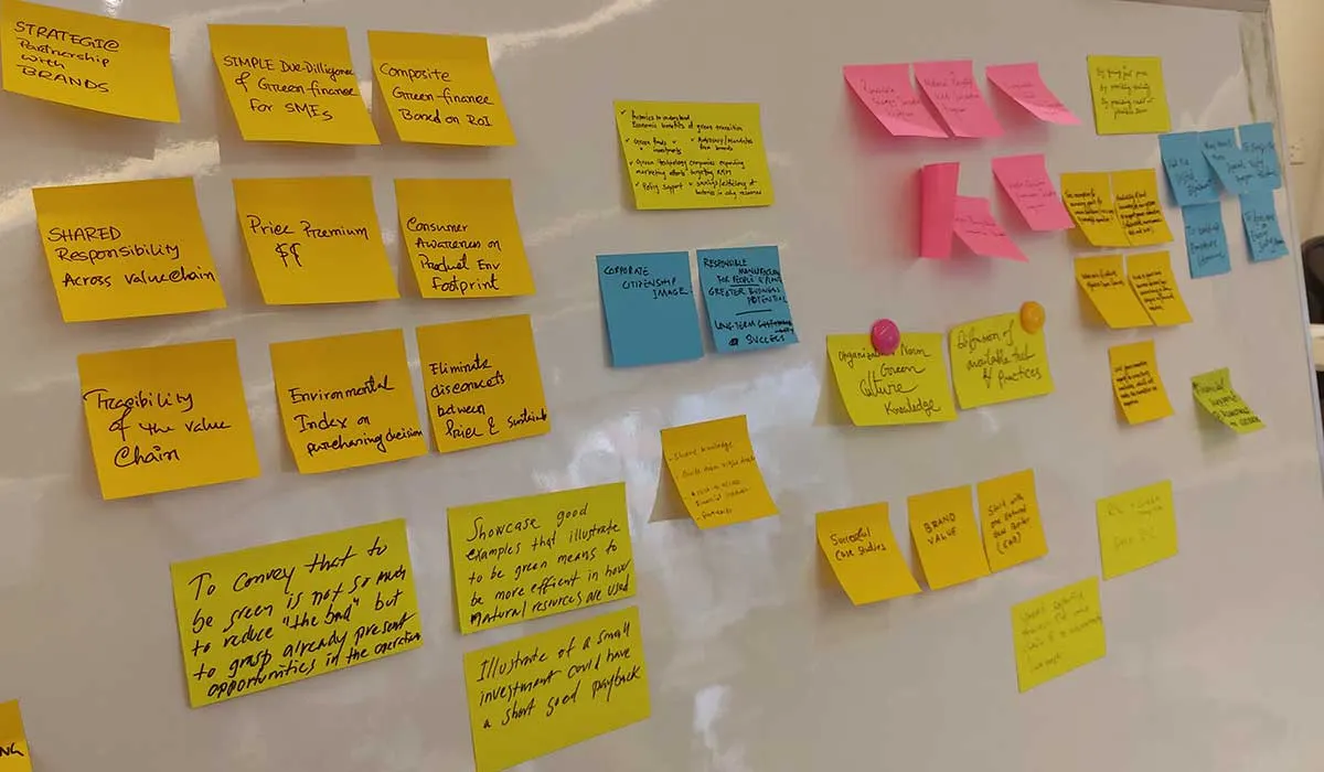 A wall covered in handwritten yellow, pink and blue sticky notes from a planning session.