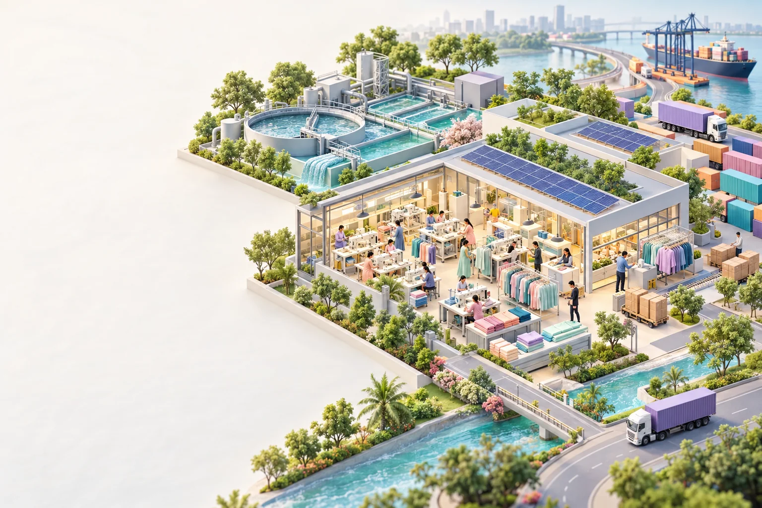 Conceptual pastel isometric 3D illustration of textile production, wastewater reuse, solar rooftops and export logistics